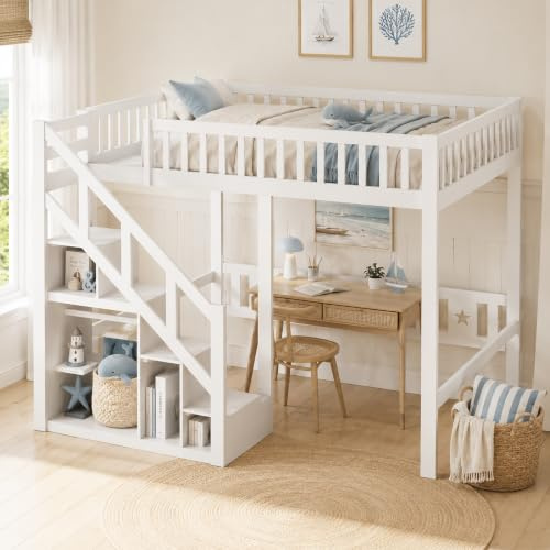 DULRLLY Hochbett 90x200 Etagenbett Kinderbett mit Treppe und Aufbewahrungsschrank, Jugendbett Stockbett mit Rausfallschutz und Lattenrost Funktionsbett Hoch Bett für 2 Kinder Erwachsene, Ohne Matratze