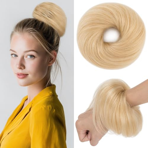 Benehair Echthaar Scrunchies Hochsteckfrisur, Echthaar Haargummi Hochsteckfrisuren, 25g Echte Haare Gerade Dutt, Haarverlängerung Haardutt Rose Dutt für Frauen, Hellblond #613R