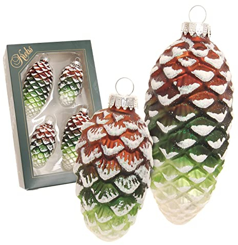 Krebs Glas Lauscha - Weihnachtsdekoration/Christbaumschmuck aus Glas - Tannenzapfen Mustang/Olivgrün Satin mit Weiß-Glitter, 4er Set (2 mal 8cm - 2 mal 10cm)