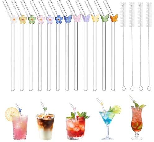 12 Stück Glasstrohhalme Strohhalme Glas Wiederverwendbar Glastrinkhalm Gebogen Glasstrohhalm mit Reinigungsbürsten Glas Strohhalm für Säfte Cocktails Smoothie Kaffee Milch