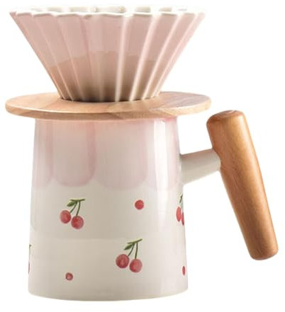 Mafagwre Porte Filtre Café en Céramique, 330 ML Cafetière en Céramique, Cafetière À Filtre Manuelle, Filtre À Café Manuelle avec Manche en Bois, Porte-Filtre À Café Permanent (b)
