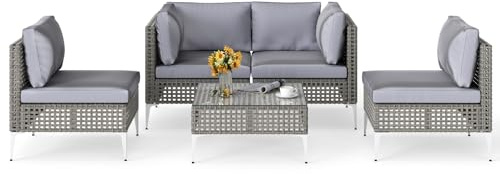 COSTWAY Ensemble de Meubles d'Extérieur 5 Pièces en Osier Charge 180KG, Salon de Jardin avec Canapé Coussins et Table Basse en Verre Trempé pour Patio Balcon Terrasse, Gris