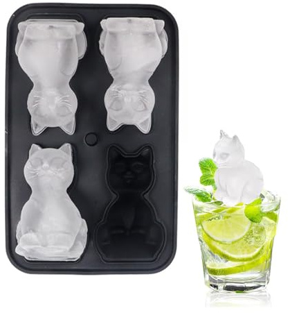 Yuannee Ice Cube Tray,3D Cat Ice Cube Tray Mould with Lid Makes 4 Vivid Cats Reusable Molds with Homemade Drink Decoration Fun Animal Shape 3D Popsicle Mold for Whiskey Cocktails