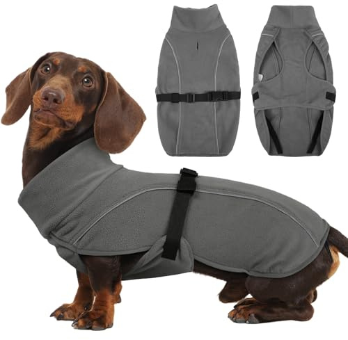 Hjyokuso Dackel Hundemantel L, Warmer Dackels Wintermantels, Warmer Wintermantel für Kleine Hunde, Verstellbare Hundejacke mit Hohem Kragen und Reflektierenden Streifen Grau