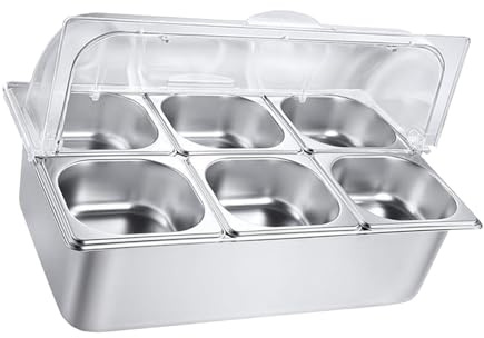 FANSHINUO Juego de sartenes de acero inoxidable para servir alimentos, para bufés, eventos y restaurantes. Bandeja de frutas con 6 compartimentos con tapa