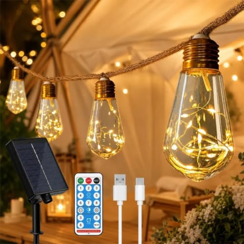 plainshe Festoon Lights Outdoor,16LED Shatterproof&Waterproof Vintage Hemp Rope Solar Light Bulbs,Garden Lights for Patio,Gazebo,Balcony,Wedding,Party Decor