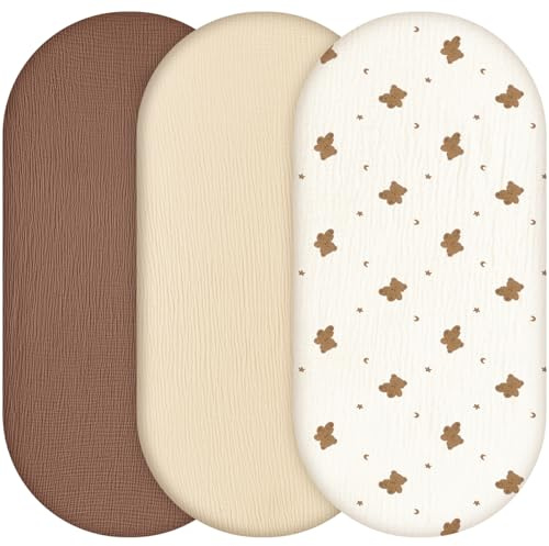 Yukkidds Spannbettlaken Kinderwagen, 100% Musselin Matratzenbezug 81x41 cm | 100% Musselin-Baumwolle, Weich & Atmungsaktiv, Bettlaken für Stubenwagen Beistellbett & Babybett, 3er Pack, Braun Bär