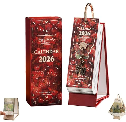 2026 Vintage europeisk stil oljemålning flip kalender, utsökt retro konst stil flip-up-kalendrar, liten kalender för skrivbord månadsplanerare fjäril hänge olika illustrationer (#B)