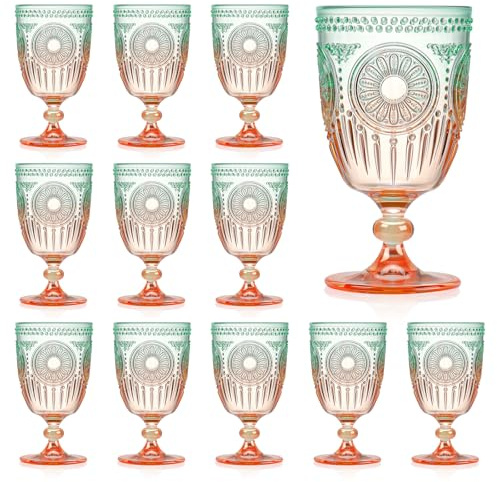 XUWAIDSGN 12Pcs Plastic Vintage Wine Glasses 13.5oz Reusable Embossed Goblet Glasses Green Orange Gradien Retro Wine Glassware Unbreakable Stemmed Champagne Water Cups for Cocktail Juice Wedding, bach