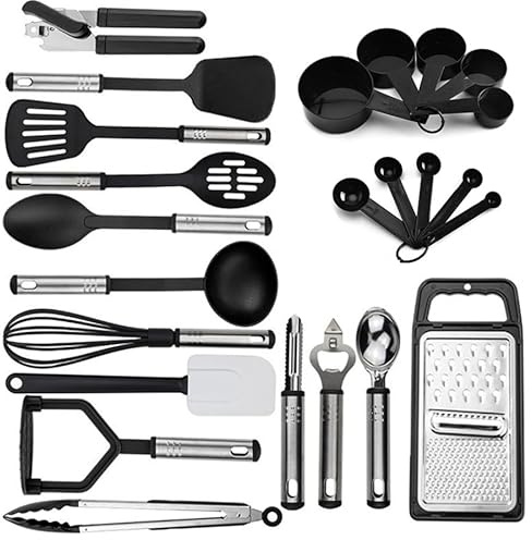 24PCS Utensili da Cucina in Nylon - Resistente al Calore 230°C, Sicuro per Piastre Antiaderenti, Lungo Manico Spatola/Cucchiaio per Zuppa/Spremi Patate, Set Senza BPA
