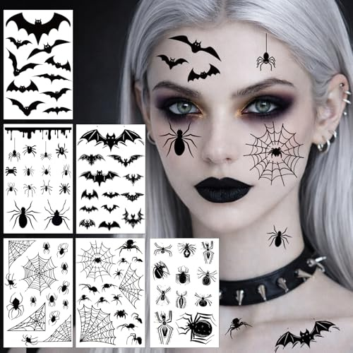 Gesichtstattoo Karneval, 6 Blatt große Größe 3D Realistisch Fledermaus Spinnen Tattoo Gesicht, Hexen Zubehör Schminke Accessoires für Karneval Fasching Halloween