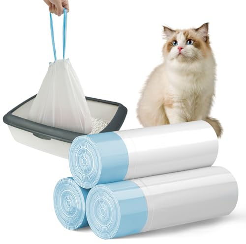60 stycken kattlådepåsar, stora slitstarka kattströpåsar med dragband, extra tjocka 3,15 mil vätsketät kattlåda, inlägg, soppåse för självrengörande kattlådor (60 st, 67 x 40 cm)