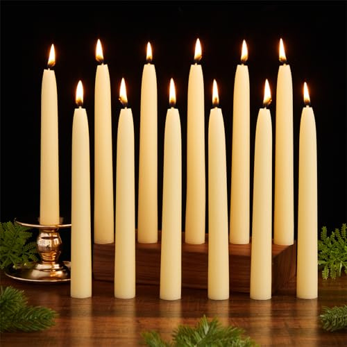 Ashlux Bienenwachs Stabkerzen & Spitzkerzen, 12 Stück, Weiß, 8 Std. | handgemacht, tropffrei, rußfrei & geruchsneutral – ideal für Weihnachten, Hochzeit, Meditation & Alltag