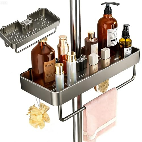 EUREKORA Duschablage ohne Bohren Aufbewahrungsregal Edelstahl Duschstange Shampoo Halterung mit Haken für 22 mm-25 mm Duschstange Universell Verstellbar für Shampoo und Duschgel im Badezimmer (Grau)