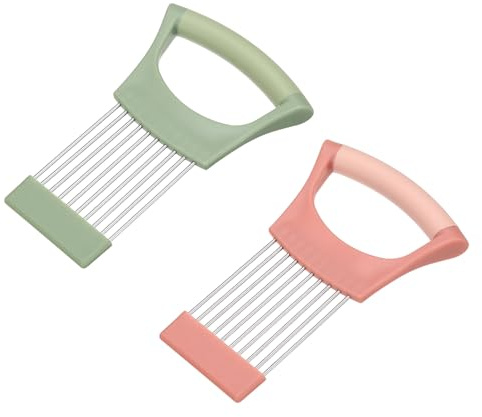 QUARKZMAN 2 Pezzi Supporto Affettacipolle, Acciaio Inossidabile Supporto Tagliaverdume Utensile Da Taglio Per Affettare Conservare Cipolle Pomodori Patate Avocado Mele, Verde/Rosa