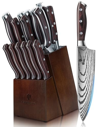 SANMEIHO Knife Set 16 pcs, Japanese Kitchen Knife with Block