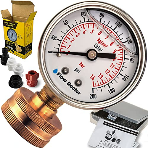 Flow Doctor Wasserdruck-Glyzerin-gefülltes Messgerät-Set, Allzweck-Set, 6-teiliges Set, 0 bis 200 Psi, Standard-Gartenschlauchgewinde 1,9 cm Innengewinde plus 5 Adapter zum Testen an mehreren Orten im
