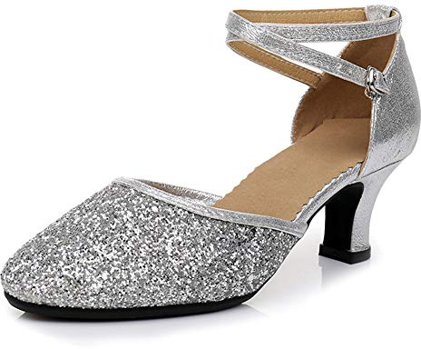 SWDZM Scarpe da Ballo Latino Americano Donna Punta Chiusa con Paillettes Professionali Ballroom Salsa,Argento,EU 40
