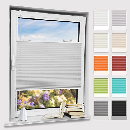 Plisseerollo klemmfix ohne Bohren, Hellgrau 85x200cm(BxH) Springrollo mit Klemmträger, Blendschutz Klemmrollos für Fenster & Balkontür