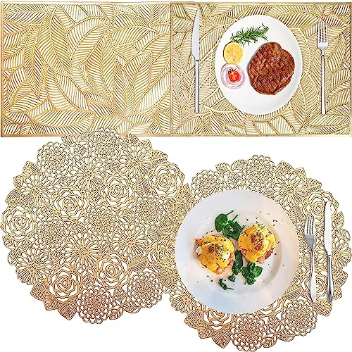 4 Piezas Mantel Individual PVC Dorado, Mantel Individual Dorado, Mantel Individual Redondo Hueco, Mantel Individual Redondo Impermeable, para el Hogar, Bodas, Decoración de Festivales
