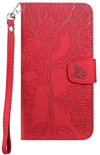 Aisenth Handyhülle für Xiaomi Mi 10T 5G/Mi 10T Pro 5G, Baum Muster PU Leder Handytasche Brieftasche Klapphülle Etui Wallet Flip Case Schutz Hülle mit Kartenfächer, Aufstellfunktion -Rot