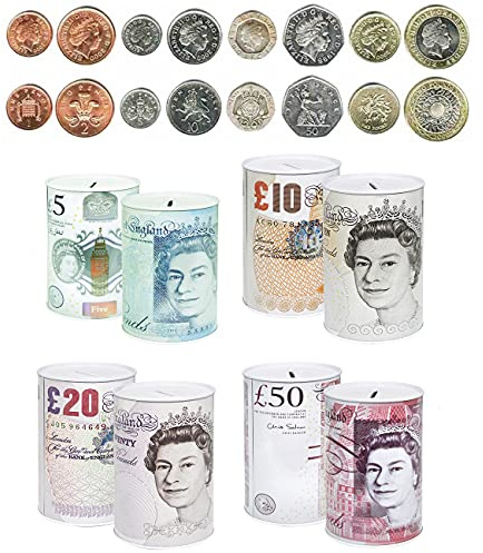 2 X £5 Sterling Bank Note Money Tin -Piggy Bank, Coin Tin, Cash, Savings, Money Box, Birthday Money, Holiday & Christmas Fund (Set of 2 £5)