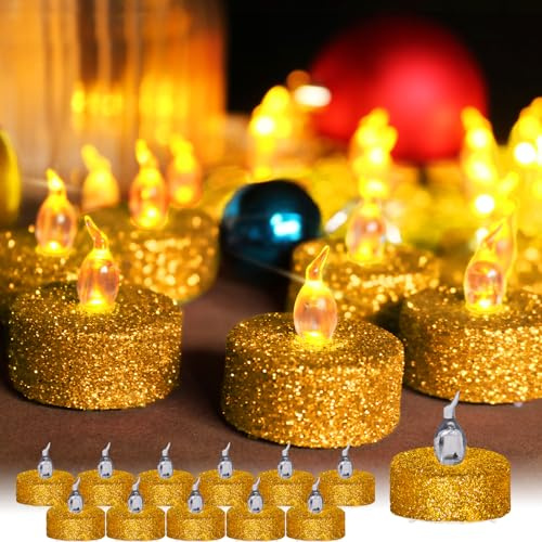TINYOUTH 12 Stück LED Teelichter Flackernde, Deko Tisch LED Kerzen Elektrische Teelichter, Batterien Enthalten für Hochzeitsfeier Jubiläum Verlobung Dekoration, Champagner Glitzernd