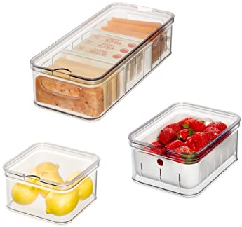 iDesign Storage Bins, Fridge Organisers with Lids, Set of 3, Made from Recycled Plastic, Kitchen Accessories for Keeping Food Fresh, Transparent and White