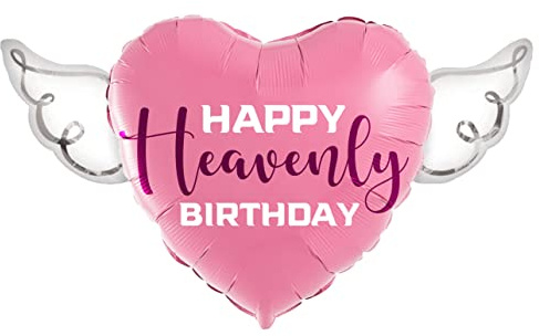17 Pink Happy Heavenly Birthday Heart Balloon – Angel Wings & Purple Heavenly Lettering – Premium Aluminum Foil Air or Helium Memorial Balloon for Gravesite, Cemetery & Remembrance