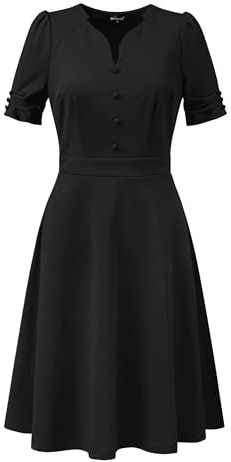 Allegra K Women's A-Line Dress, Pleated Short Sleeve, Sweetheart Neck, Elegant Business, Work Dresses for Women Black 16