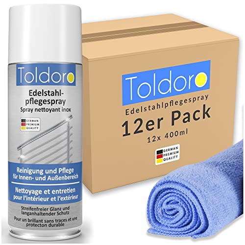 Toldoro Set aus 12x Edelstahl Pflegespray 400ml & 1x Mikrofasertuch 40x40cm / Edelstahl Reiniger für Grill, Küche/Edelstahlpflege Spray als Edelstahl Reinigungsmittel inkl. Reinigungstuch