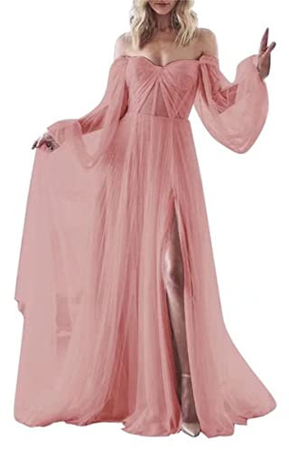 Abiti da damigella d'onore a maniche lunghe con fessura in tulle per feste di nozze da donna, Rosa polvere, 52