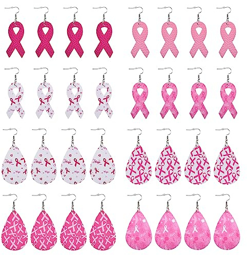 WANDIC 16 Paires Octobre Rose Boucles d'oreilles, Boucles d'oreilles Rose en Forme de Ruban Cancer du Sein en Cuir Artificiel pour Accessoires Décorations Femmes