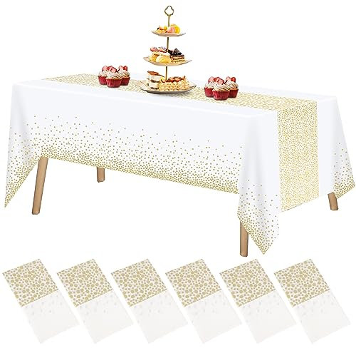 FUYOAL 6 Pieces White and Gold Table Cloth, Dot Confetti Disposable Party Plastic Tablecloth Party Table Cover for Picnic Baby Shower Halloween Christmas(54 x 108)