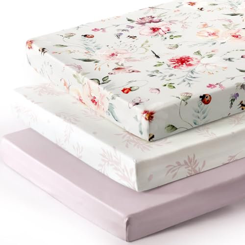 GRSSDER Juego de 3 sábanas bajeras ajustables de punto jersey ultra suaves para niñas/minicunas para niñas, ajuste universal para Pack N Play, seguro y cómodo, elegante patrón floral