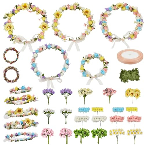 INFUNLY 20 Stück Blumenkronen-Bastelset, Handgefertigtes Blumenkronen-Girlanden-Set, Machen Sie Ihren Eigenen Blumenkranz, Blumenstirnband, Girlande, Haarschmuck, Geschenk Für Hochzeit, Geburtstag, Pa
