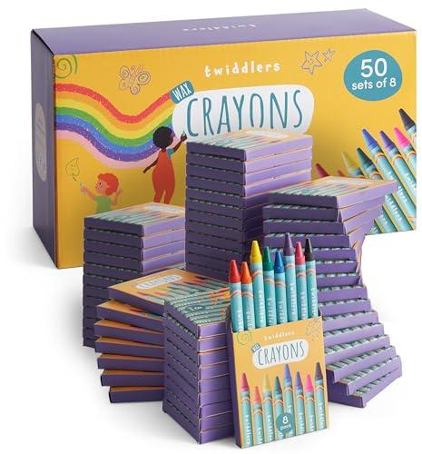 THE TWIDDLERS 50 Scatole di Pastelli a Cera per Bambini, 8 Pastelli per Scatola, 400 in Totale - Colori Misti, Mini Pacchetti di Pastelli Perfetti per Riempire i Sacchetti Delle Feste