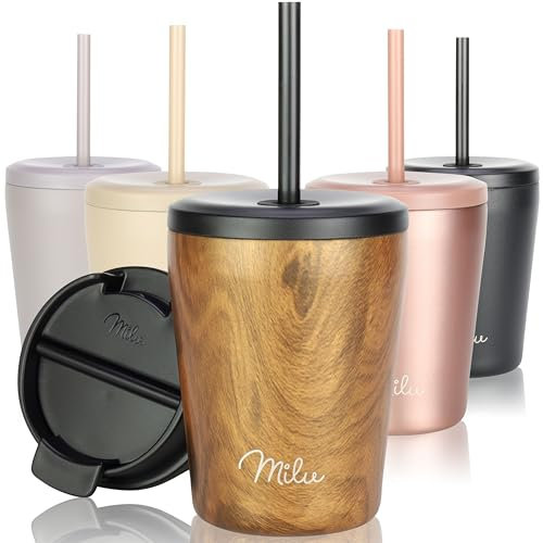 Milu Thermobecher 300ml - 100% Auslaufsicher - Edelstahl Kaffeebecher to go isoliert mit Strohhalm hält 10h heiß / 20h kalt, BPA-frei (Holzoptik, 300ml)