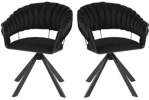 Lestarain Esszimmerstühle drehbar 2er Set, Drehstuhl Esszimmer, Küchenstuhl mit geflochtener Rückenlehne, Polsterstuhl, Design Stuhl, mit Samtbezug Metallgestell, Schwarz