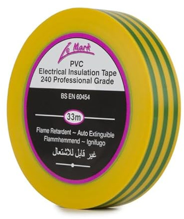 Le Mark Earth - Cinta aislante eléctrica de PVC, 33 m x 19 mm, ignífuga, cumple con RoHS y BS EN 60454-2, resistente al agua y a la abrasión, fácil de desenrollar y rasgar, grado profesional