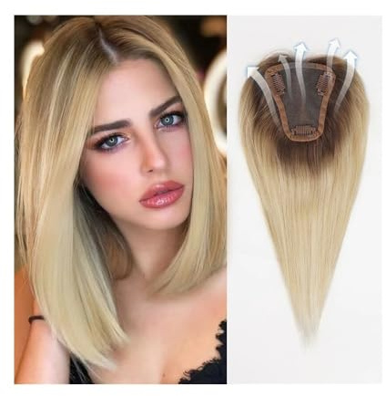 Haarteil Frauen 12-Zoll-Haarteile Mittelteil Damen Echthaar-Topper mit Spitzenbasis Clip in Haarverlängerungen Echthaarteile Haar Extensions(Ombre blonde)