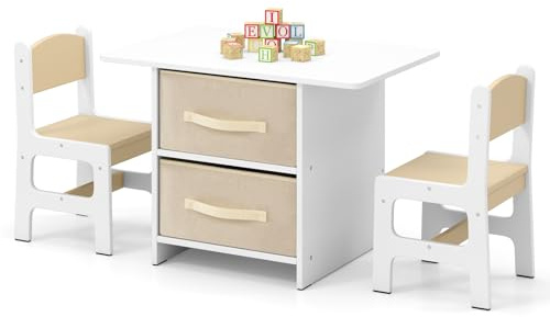 GOPLUS Juego de Mesa y 2 Sillas Infantil 3 en 1, Grupo de Asientos y Escritorio con Amplio Tablero para Niños, Mueble Infantil con 2 Cajas de Almacenamiento, Capacidad Carga 50KG (Natural)