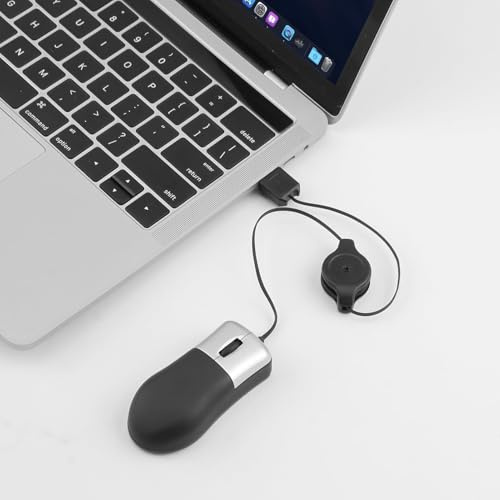 Retractable Cable Wired Mouse Mini Usb Optical Travel Mouse 80CM Small Retractable Portable Adjustable for Apple Mac Hp Dell Lenovo Thinkpad Sony Asus Acer Tablet Pc Laptop(Black and Silver)