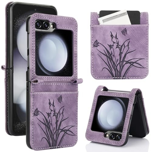 KQXG Case for Samsung Galaxy Z Flip 7 FE/Samsung Galaxy Z Flip 6 – Premium Synthetic Leather Cover, Orchid Design -Purple