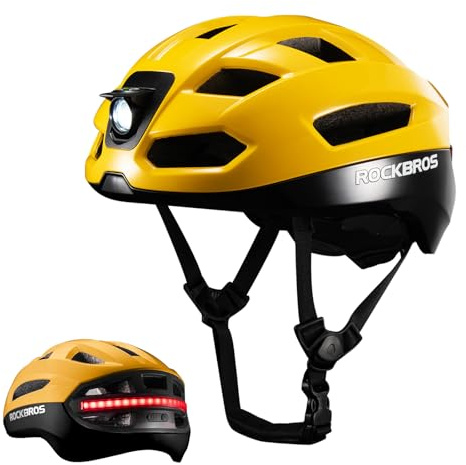 ROCKBROS Casco da Bicicletta con Luce LED Anteriori e Posteriori Uomo Donna, Casco Ciclismo con Telecomando, Indicatori di Direzione Intelligenti, per Bici da Corsa MTB, Regolabile 58-60cm, Giallo