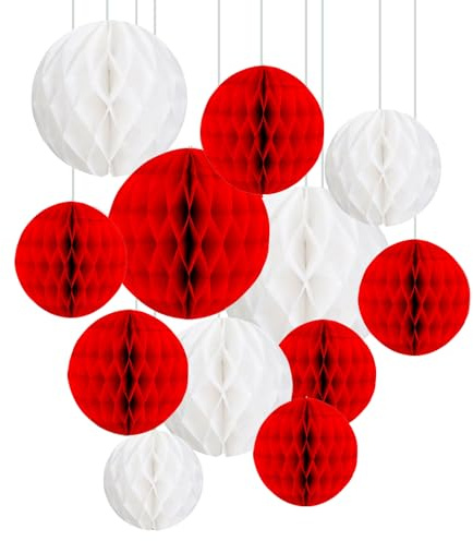 ZYOOO 12pcs Seidenpapier Wabenkugeln, 15/25cm Aufhängen papier Wabenbälle für Geburtstagsparty,Valentinstag,Hochzeit,Muttertag Deko(Rot,Weiß)