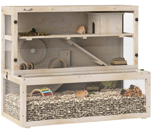 PawHut Hamsterkäfig aus Holz 100 x 50 x 84 cm Nagerkäfig 3 Etagen Kleintierkäfig mit Sichtfenster, Laufrad, Rampe, Häuschen, Mäusekäfig Käfig für Zwerghamster Naturholz