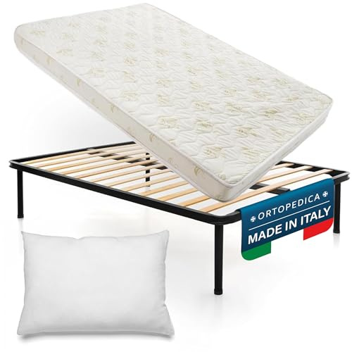 DOLCI SOGNI Letto una Piazza e Mezza con Materasso 120X190 Alto 14 cm, Set Rete e Materasso una Piazza e Mezza 100% Made in Italy, Rete a Doghe in Legno con Struttura Letto 120x190, Cuscino Incluso
