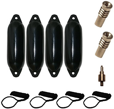 Majoni Komplettset 4er-Set Star 25 Schutzkörper für Boote mit 4 Leinen, 2 Ersatzventilen und 1 Ventiladapter - schwarz 58 x 15 cm