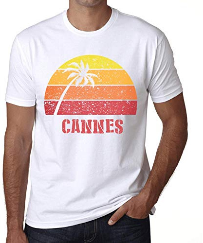 Grafisk T-shirt Herr Palm, Beach, Sunset I Cannes – Palm, Beach, Sunset In Cannes – Begränsad Upplaga Rolig Vintage Herrmodestil för Män Nyhet Vit L